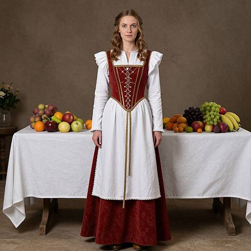 Woman in Medieval Dress Standing in Front of Table with Fresh Fruit Display
