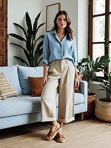 Stylish Woman in Light Blue Shirt and Beige Trousers in Modern Living Room