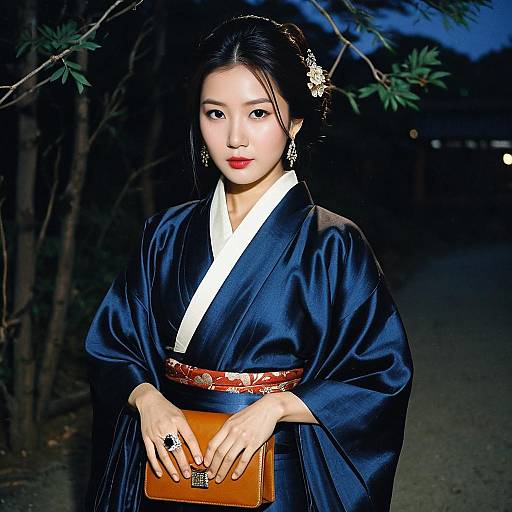 Elegant Woman in Traditional Navy Blue Kimono with Floral Hair Accessories