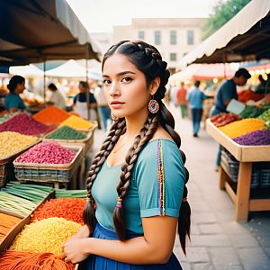 Confident Woman in Vibrant Market with Spices and Produce