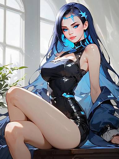 Anime Woman in Black Glossy Outfit with Blue Hair Digital Art