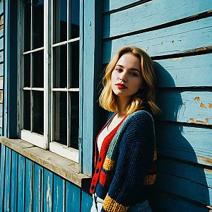Blonde Woman in Colorful Cardigan by Rustic Blue Wall