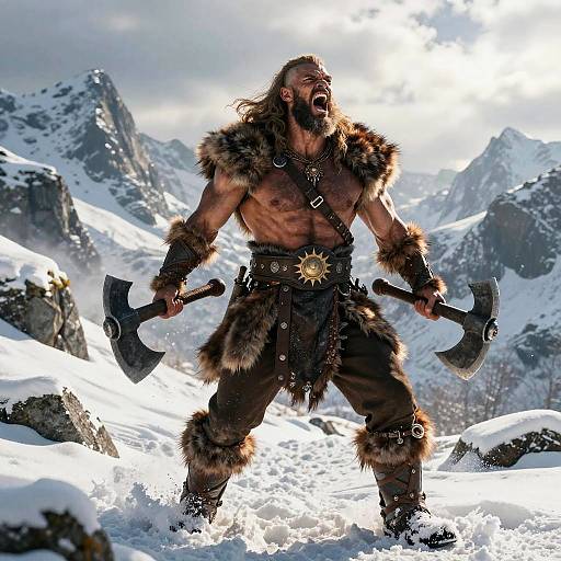Barbarian Warrior Shouting With Battle Axes in Snowy Mountains