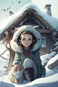 Woman with Fox in Snowy Landscape