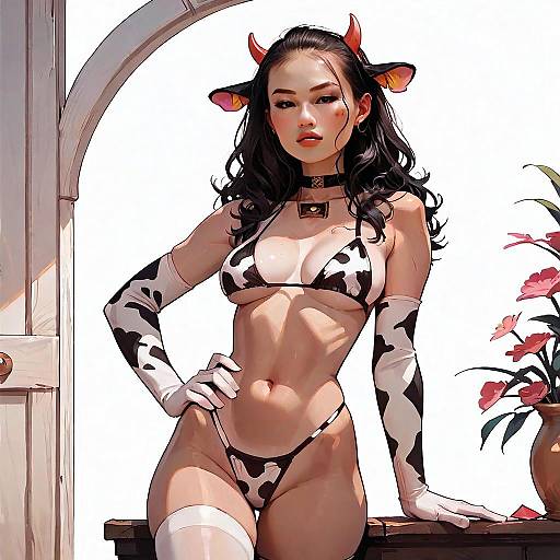 Anime Style Woman in Cow Print Bikini with Horns and Ears Digital Illustration