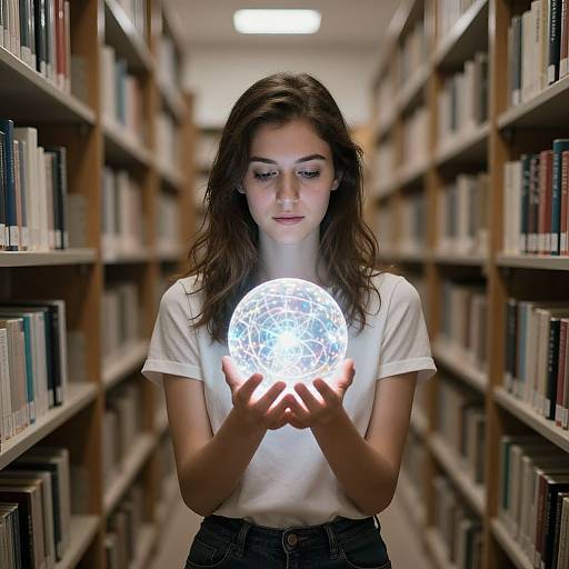 Woman Holding Glowing Futuristic Orb in Library Aisle