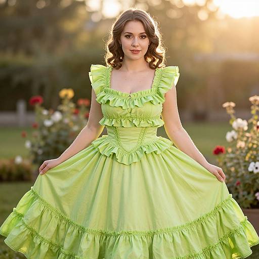 Young Woman Wearing Lime Green Vintage Ruffled Dress Outdoors