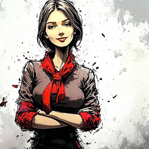 Confident Woman in Red Scarf Digital Comic Style Illustration