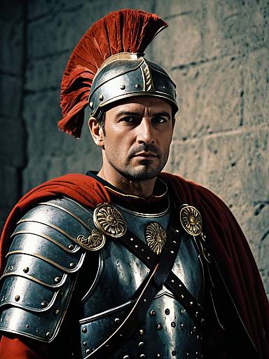 Regal Roman Soldier Man in Detailed Armor with Red Plume Helmet