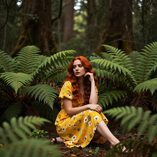 Red-Haired Woman in Yellow Floral Dress Sitting Among Ferns in Forest