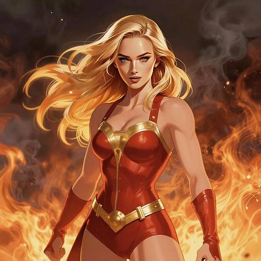 Blonde Woman in Red and Gold Armor Amidst Flames Digital Artwork