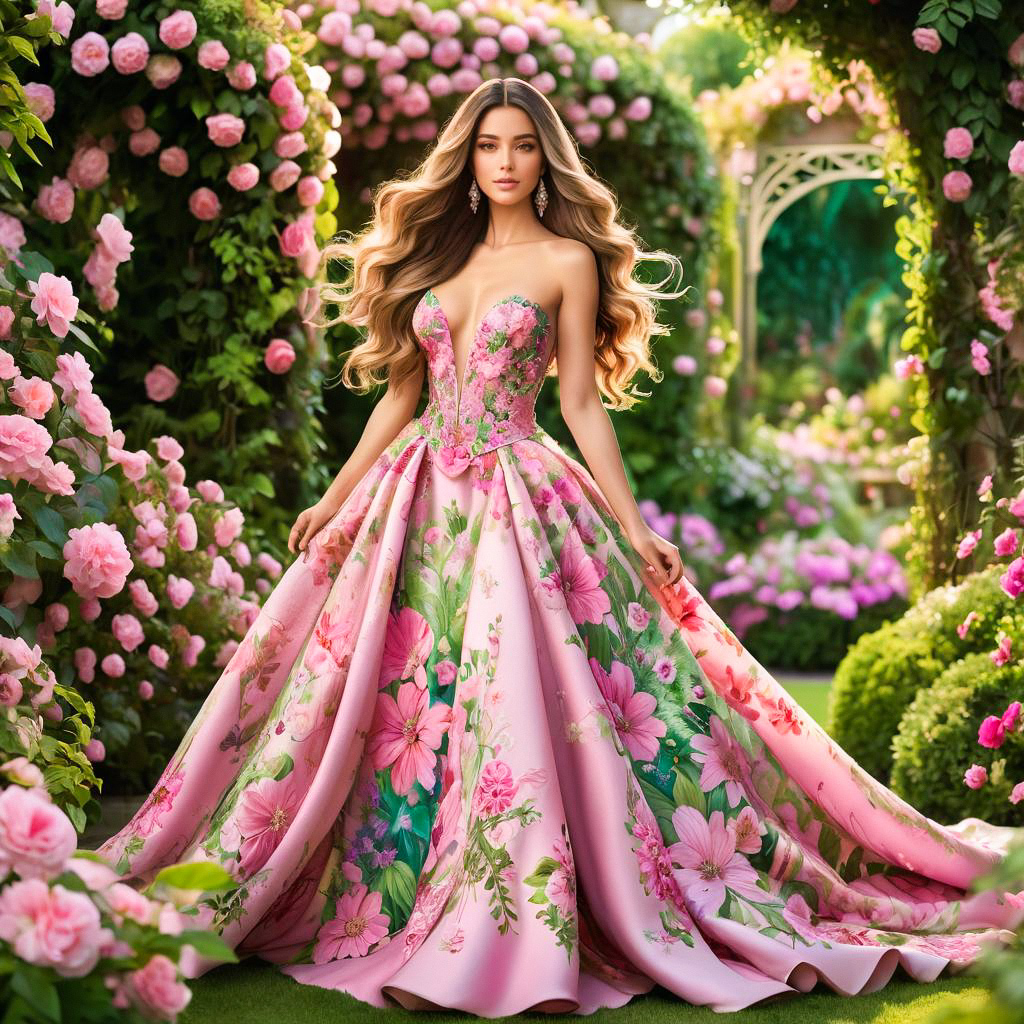 Elegant Woman in Floral Gown in Garden