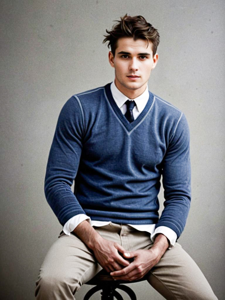 Stylish young man in blue sweater and white shirt