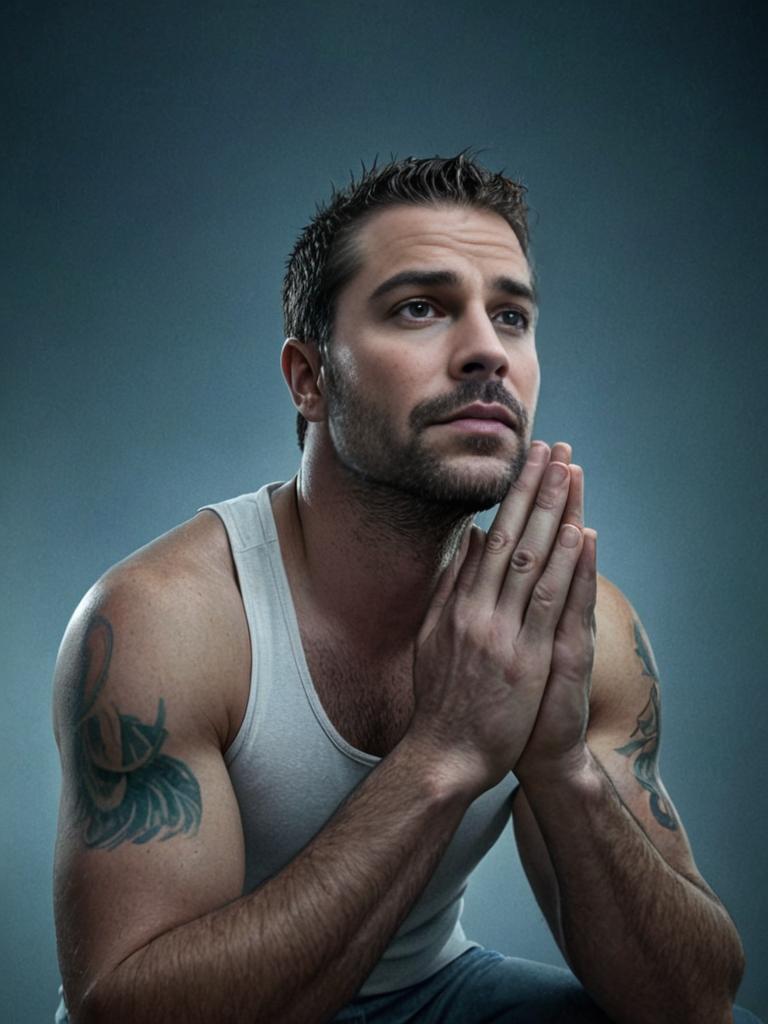 Contemplative man with beard and tattoos in a thoughtful pose