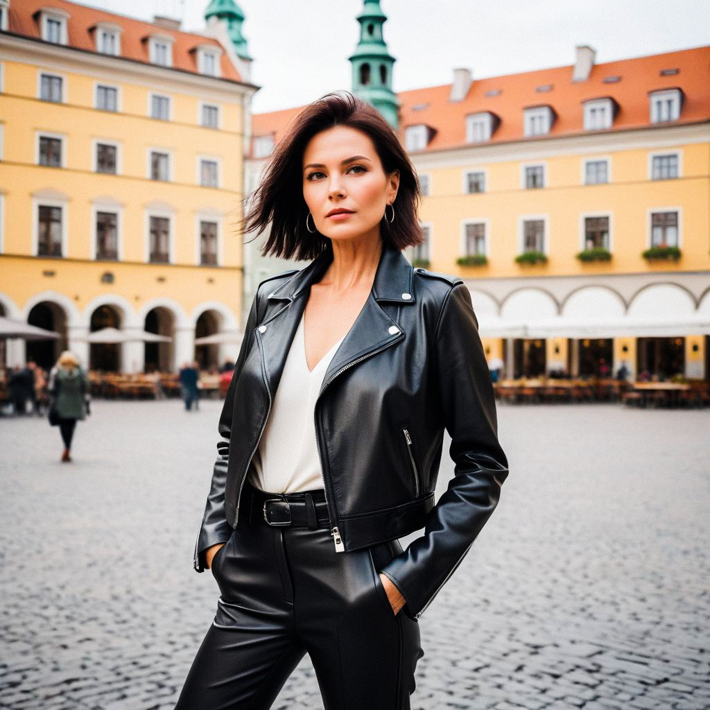 Confident Woman in Chic Black Leather Outfit