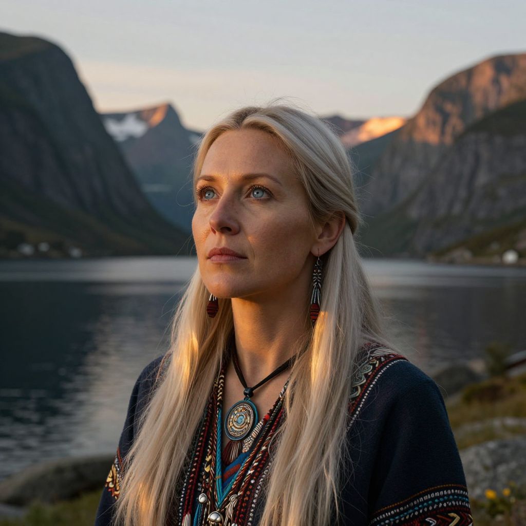 Blonde Woman in Traditional Nordic Attire by Fjord at Sunset