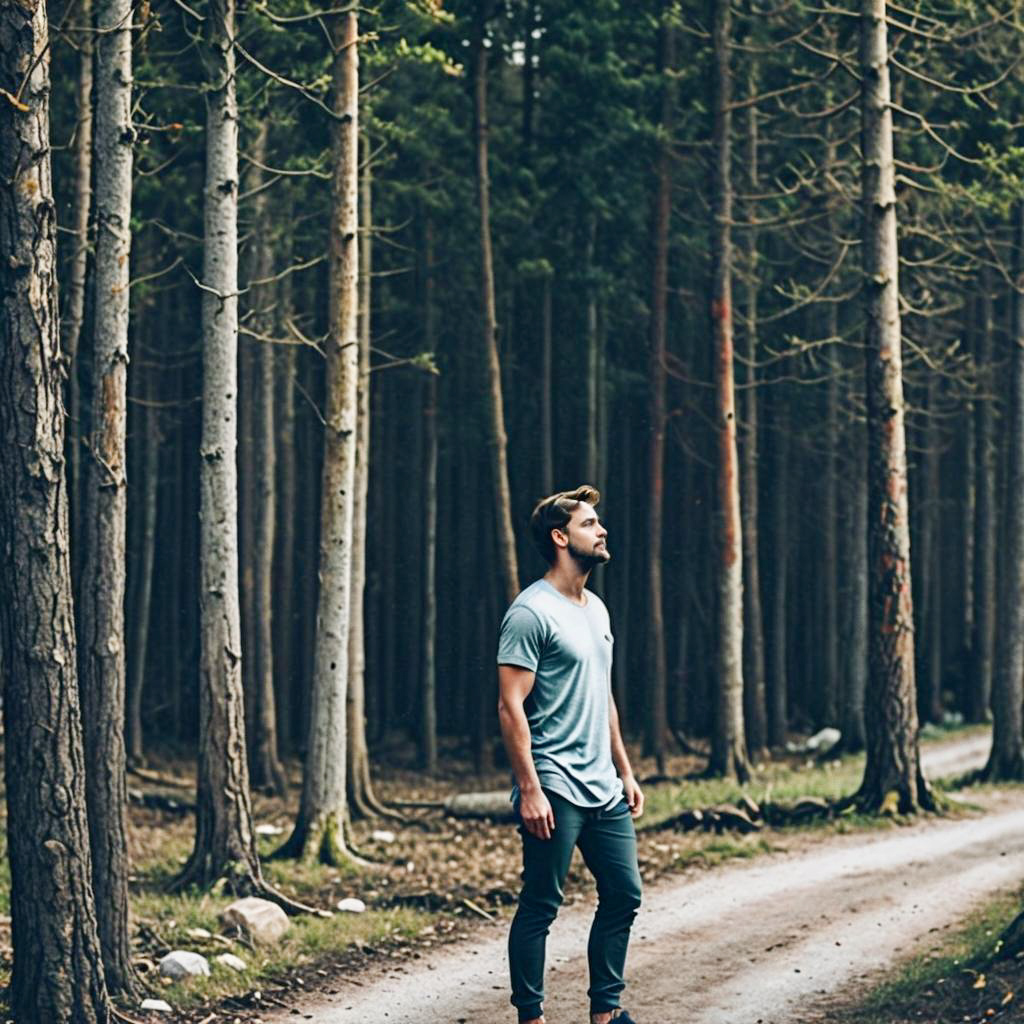 Contemplative Man on Forest Path