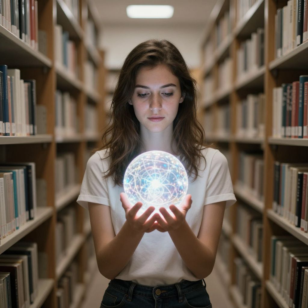 Woman Holding Glowing Futuristic Orb in Library Aisle