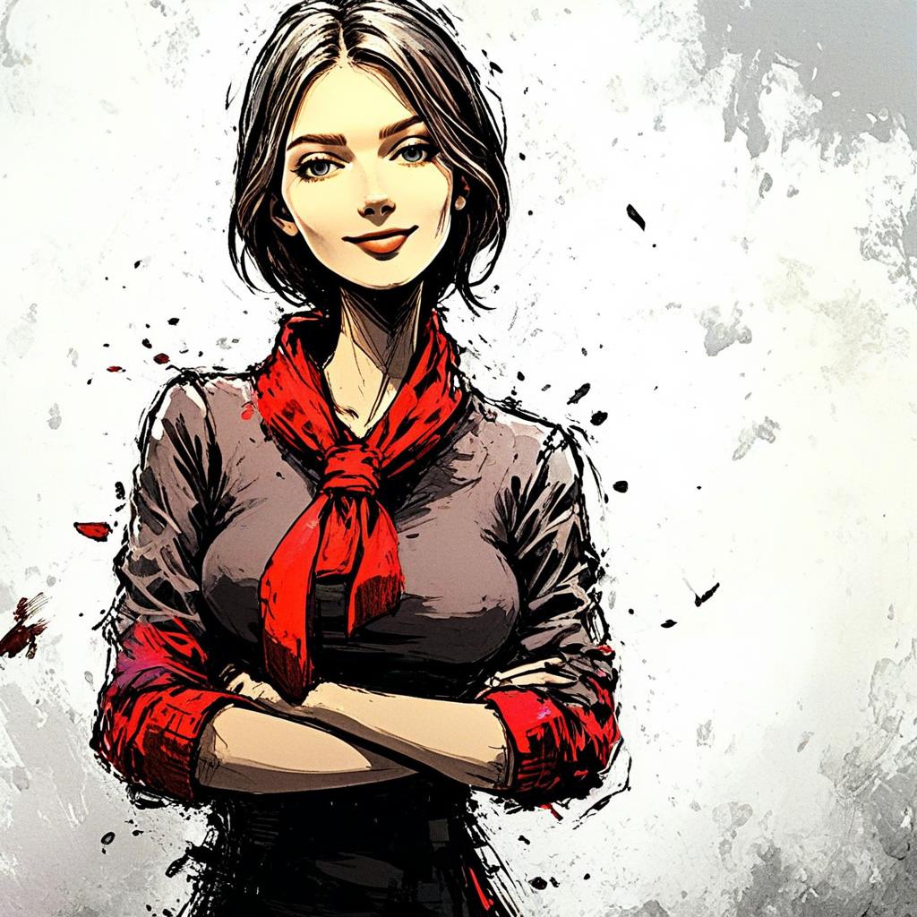 Confident Woman in Red Scarf Digital Comic Style Illustration