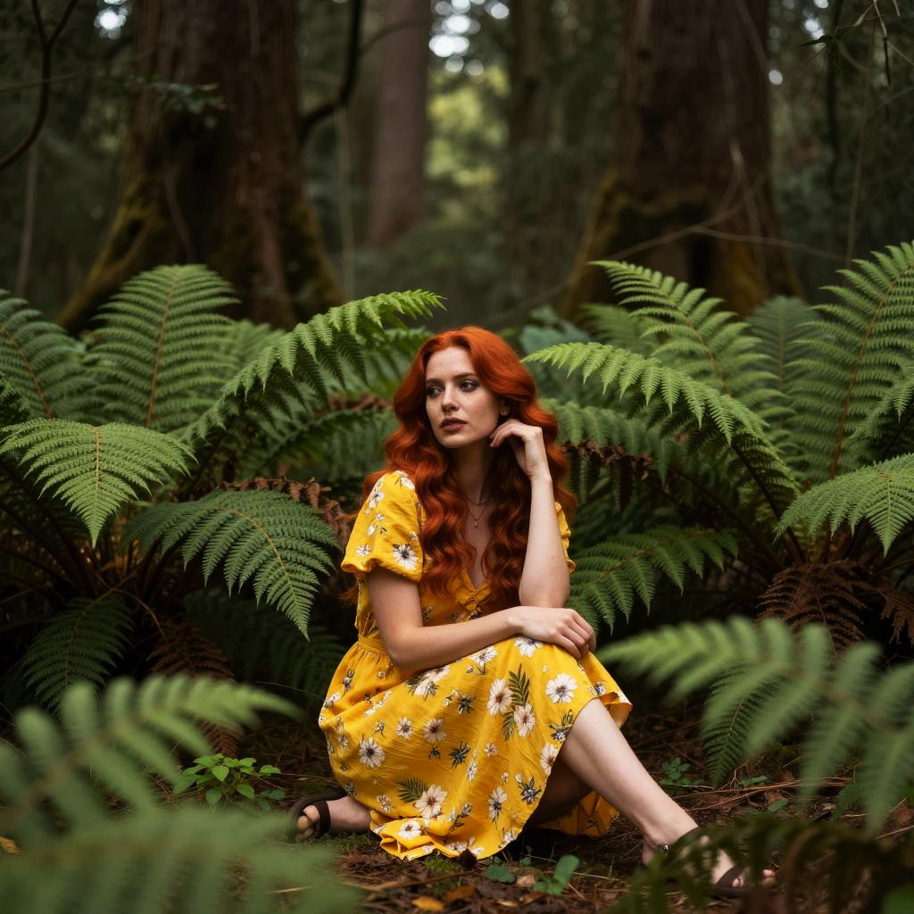 Red-Haired Woman in Yellow Floral Dress Sitting Among Ferns in Forest