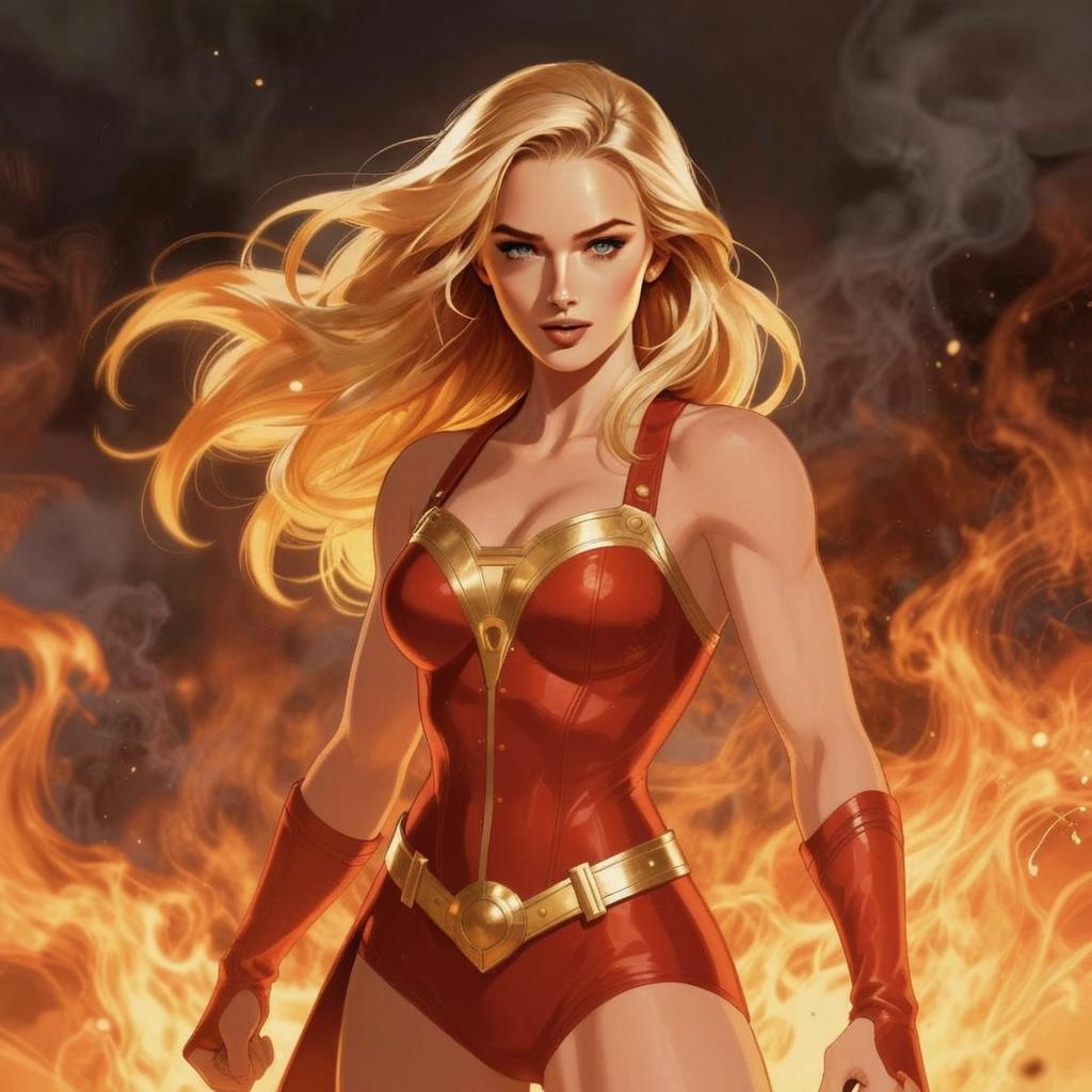Blonde Woman in Red and Gold Armor Amidst Flames Digital Artwork