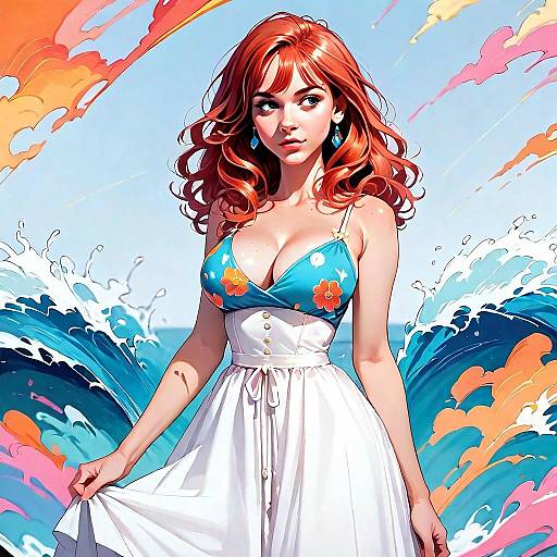 Red-Haired Woman in Floral Top and White Skirt with Ocean Waves Digital Illustration