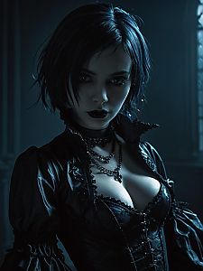 Gothic Woman in Dark Victorian-Style Attire with Moody Blue Lighting