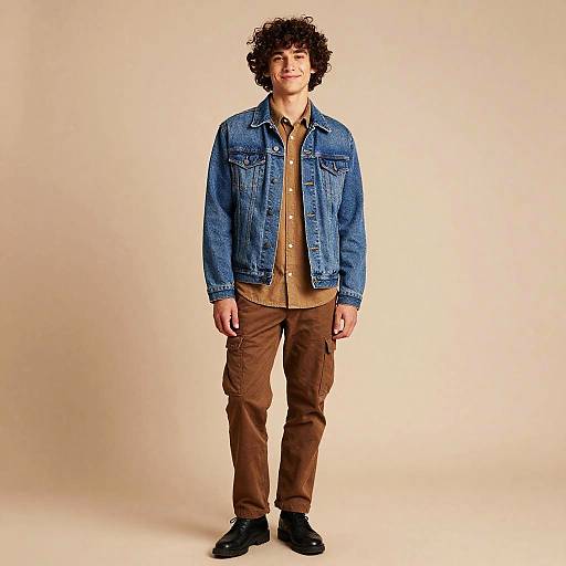 Gen Z Young Man Wearing Denim Jacket and Cargo Pants Casual Style