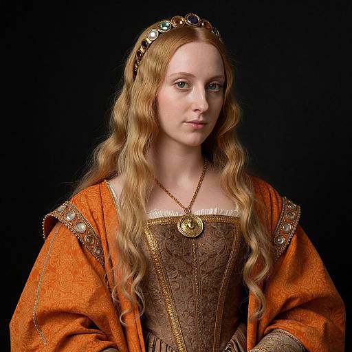 Renaissance Style Woman in Ornate Historical Costume with Jeweled Headband