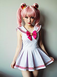 Sexy Cosplay Woman in Sailor Chibi Moon Costume with Pink Twin-Tails