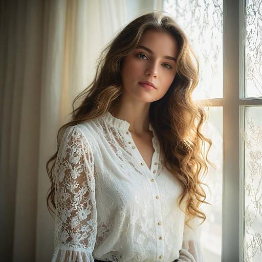 Young Woman in White Lace Blouse by Window with Soft Natural Light