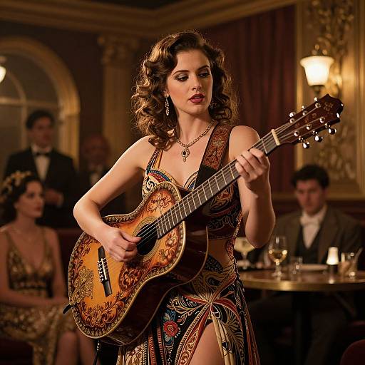 Woman Playing Ornate Acoustic Guitar in Vintage Elegant Setting