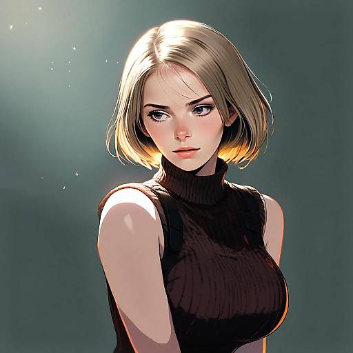 Anime Style Portrait of a Blonde Woman in Brown Turtleneck Sweater