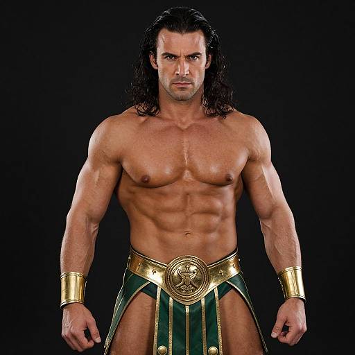 Muscular Man in Gladiator Costume with Gold and Green Armor