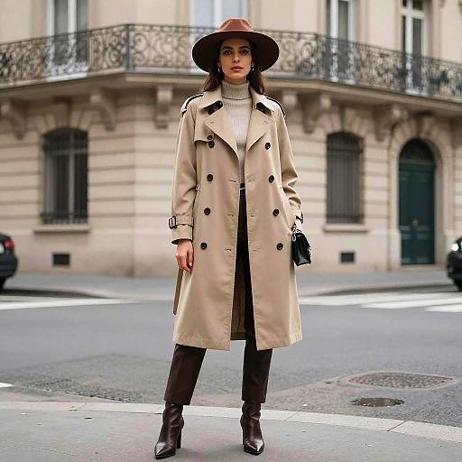 Urban Fashion Woman in Beige Trench Coat and Wide-Brim Hat