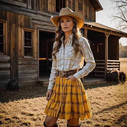 Stylish Woman in Western Outfit Standing by Rustic Barn