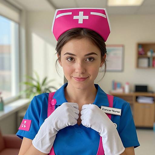 Young Woman Nurse in Blue Uniform with Pink Cap and White Gloves