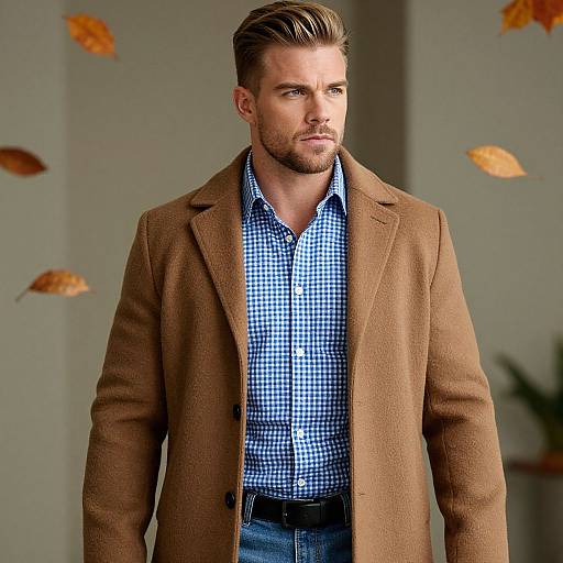 Man Wearing Camel Coat and Blue Checkered Shirt Autumn Fashion