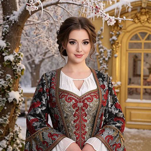 Young Woman in Traditional Embroidered Dress with Snowy Winter Background