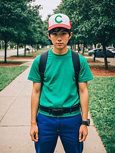 Realistic Ash Ketchum Cosplay of Man in Outdoor Setting
