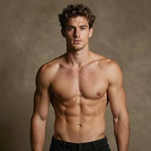 Shirtless Young Man with Muscular Build and Curly Hair in Studio