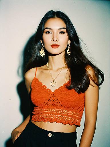 Woman in Contemporary Casual Orange Crocheted Crop Top with V Neckline