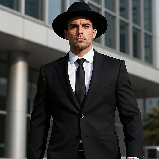 Confident Man in Black Suit and Hat Outdoors in Urban Setting