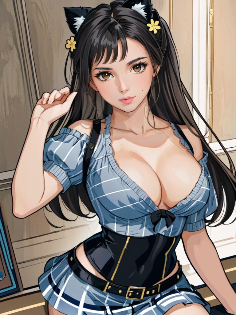 Anime Character with Cat Ears in Blue Plaid Dress