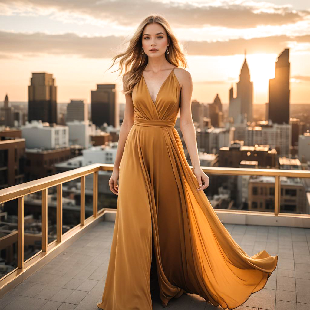 Elegant Woman in Golden Dress at Sunset City Skyline