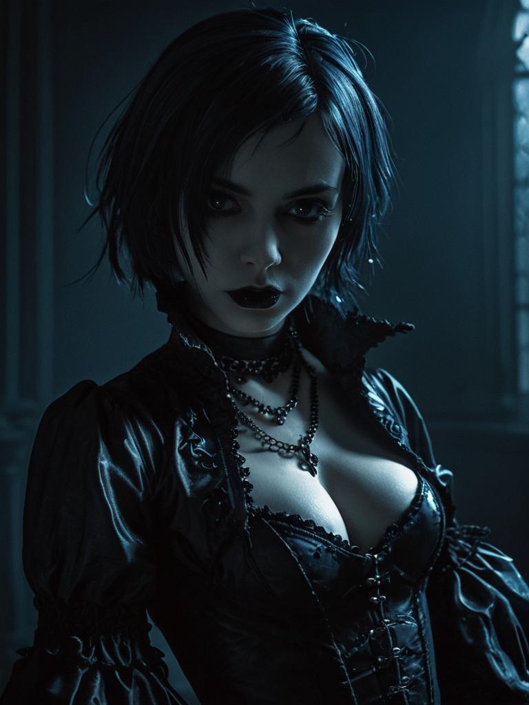 Gothic Woman in Dark Victorian-Style Attire with Moody Blue Lighting