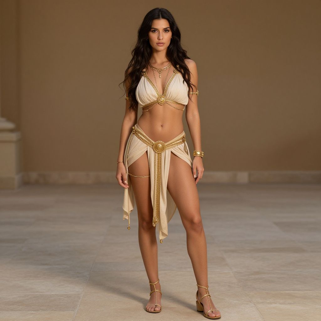 Elegant Woman in Grecian Style Cream and Gold Outfit