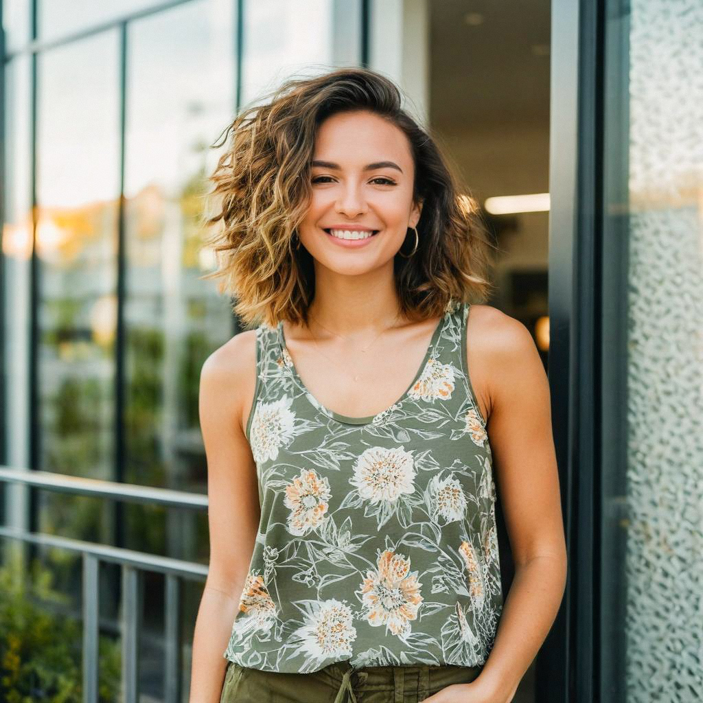 Young woman smiling outdoors in a floral top