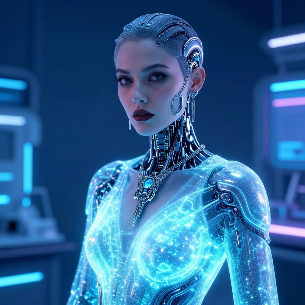 Futuristic Cyberpunk Woman Cyborg with Digital Glowing Body