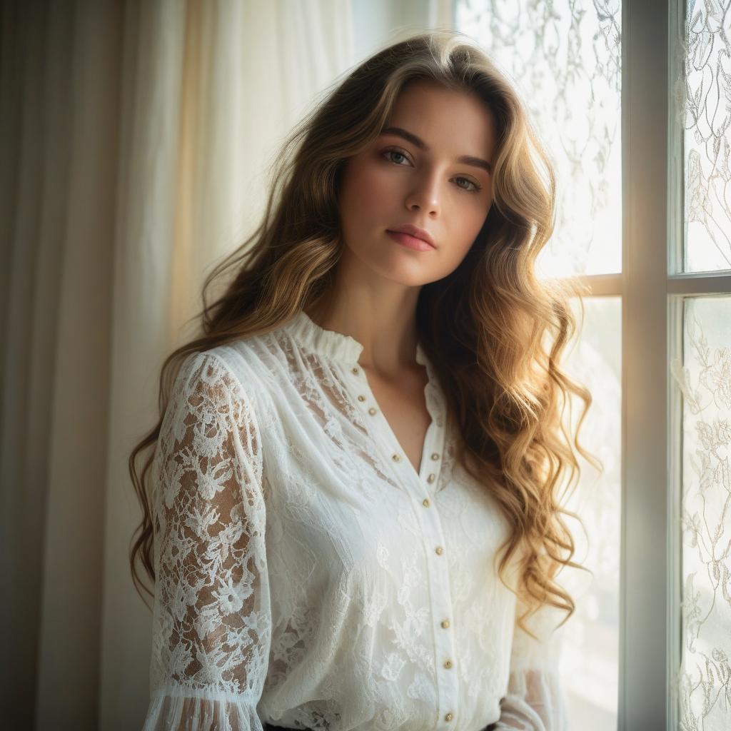 Young Woman in White Lace Blouse by Window with Soft Natural Light